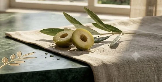 Olives and olive leaves on linen