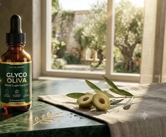 GlycoOliva liquid drops dropper bottle beside olives and an olive branch in a sunlit window